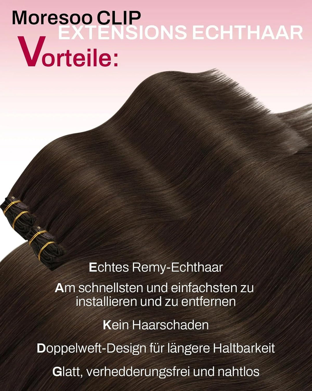 Moresoo Haarverlängerung Echthaar Clip in Extensions Echthaar Dunkelbraun Menschliches Haar Remy Cli