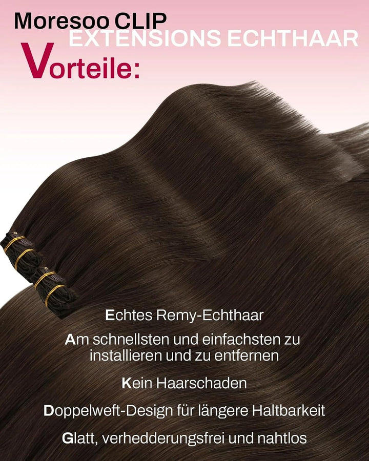 Moresoo Haarverlängerung Echthaar Clip in Extensions Echthaar Dunkelbraun Menschliches Haar Remy Cli