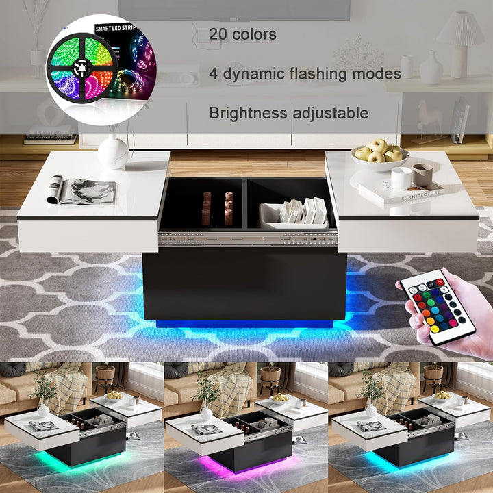 JoliJour Couchtisch Weiss Hochglanz mit LED,Ausziehbarer Couchtisch,Hochglanz-Finish,Wohnzimmertisch