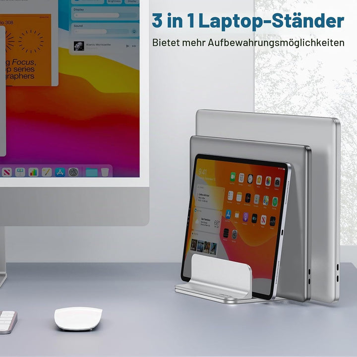OMOTON 3 Slot Aluminium Vertikal Laptop Ständer, Verstellbarer Notebook Ständer, Laptop Halterung fü