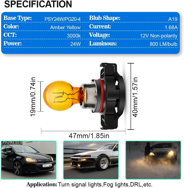 SOFOC PSY24W Birne 12V Blinker Vorne Amber Gelb Nebelscheinwerfer Ersatz Halogenbirne 24W 2Stk Gelb