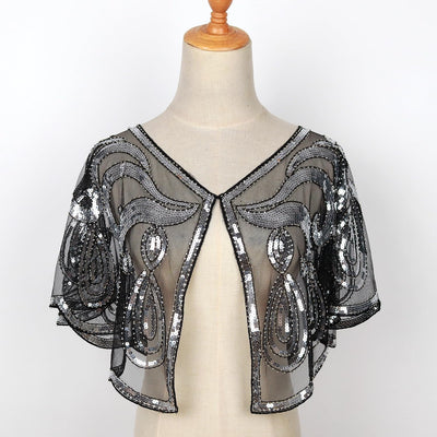 keland Damen Festlich Pailletten Umhang Schal Schultertuch Stola Tuch für Abendkleid X-schwarz & Sil