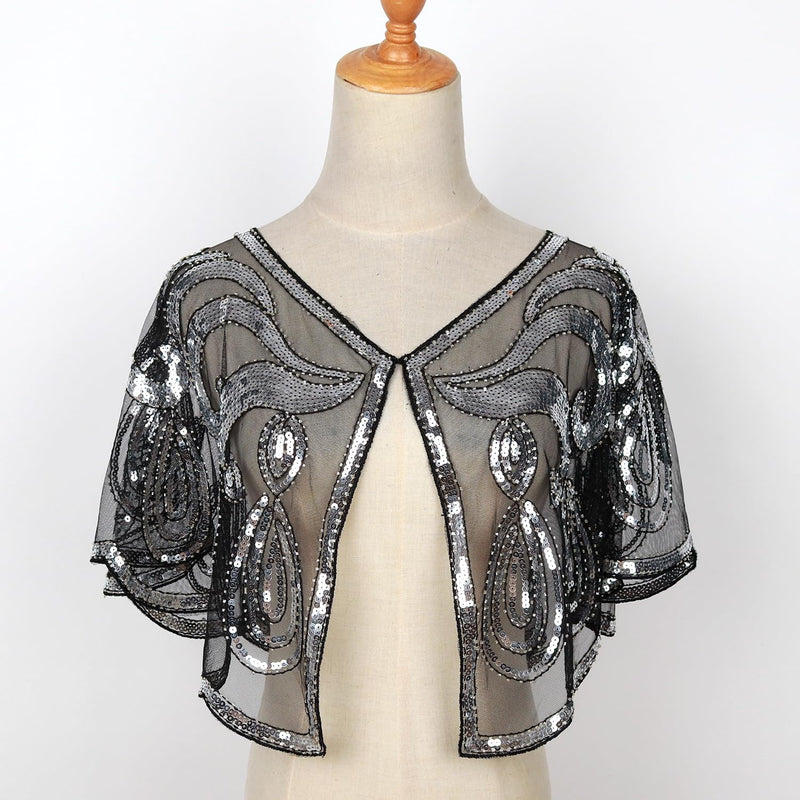 keland Damen Festlich Pailletten Umhang Schal Schultertuch Stola Tuch für Abendkleid X-schwarz & Sil