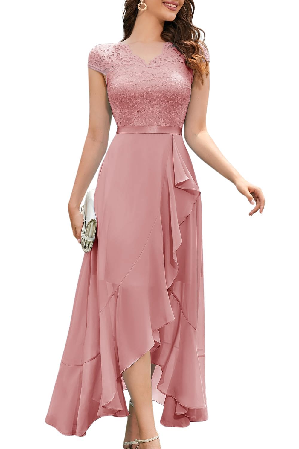 Bbonlinedress Abendkleider elegant für Hochzeit Spitzenkleid Chiffon Hi-Lo Kleid Brautjunferkleid Pa