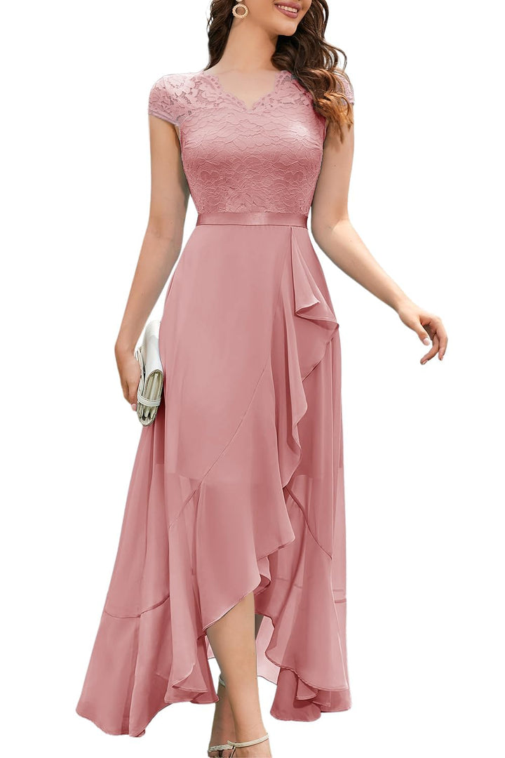 Bbonlinedress Abendkleider elegant für Hochzeit Spitzenkleid Chiffon Hi-Lo Kleid Brautjunferkleid Pa