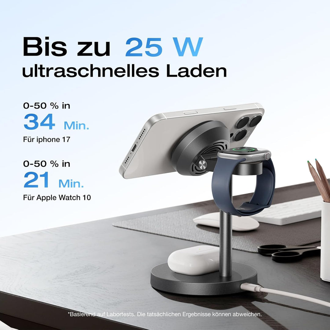 EcoFlow 3 in 1 Qi2 Magsafe Apple Ladestation mit Verstellbarer Ständer, Kabellose iPhone Ladestation