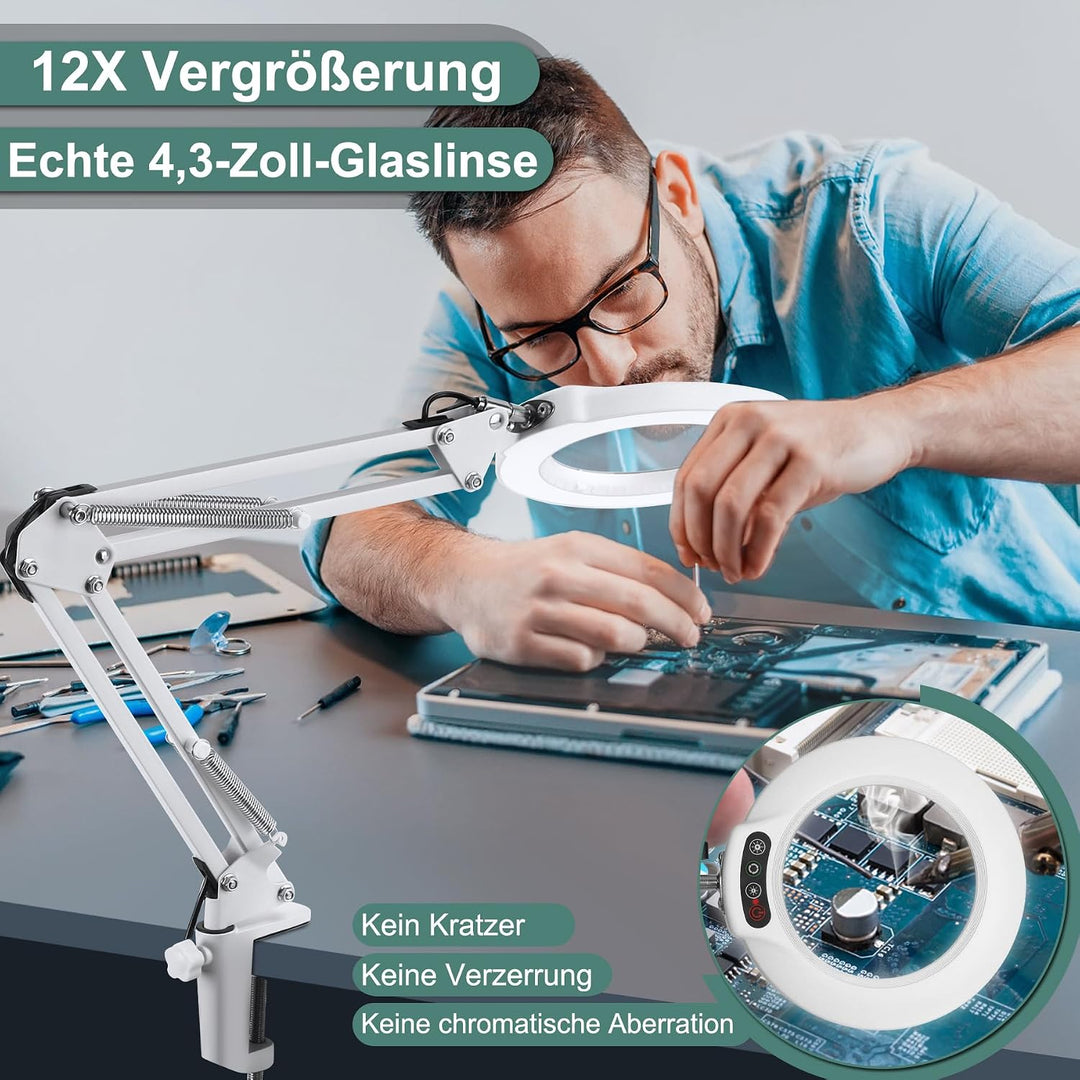 Veemagni 10X Lupe mit Licht, 5 Farbmodi Stufenlos Dimmbar, Verstellbarer Schwenkarm LED Beleuchtete