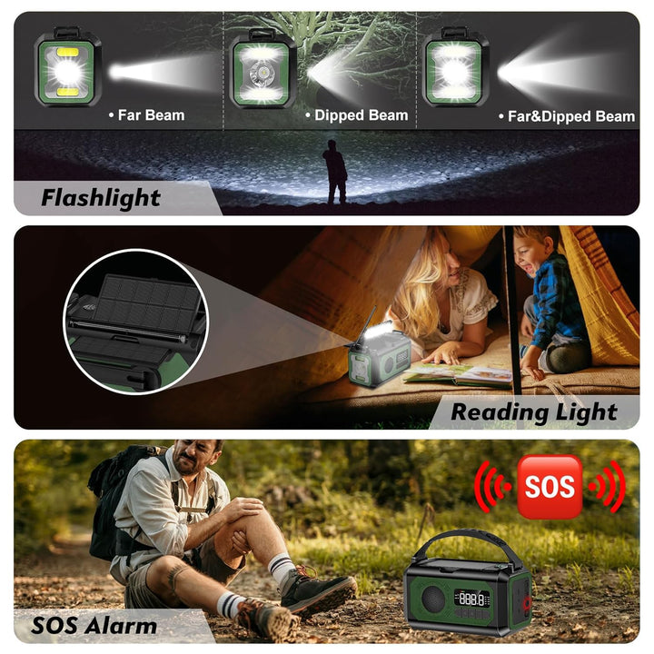 12000mAh Kurbelradio mit Handyladefunktion, Solar Radio mit 2 Sonnenkollektoren, AM/FM Tragbar Notfa