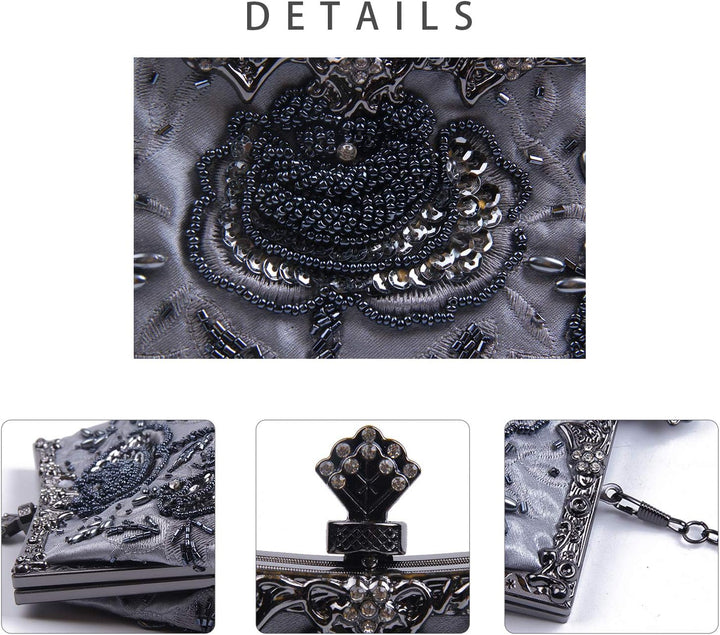 Damen Vintage Floral handgemachte Seed Bead Pailletten Clutch Geldbörse Hochzeit Abendtasche Party P