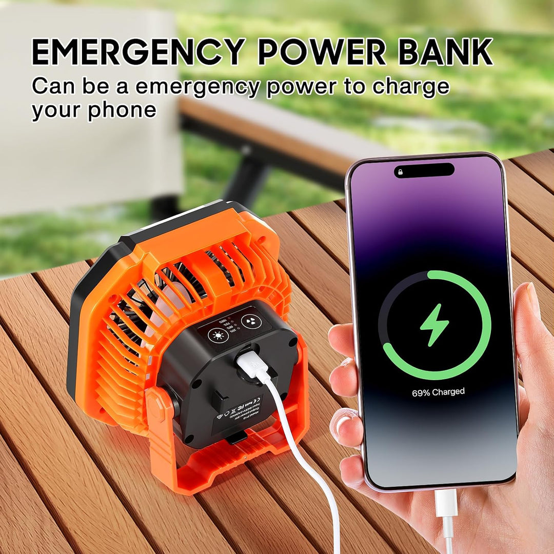 MIAOKE Camping Ventilator, 10400mAh Tischventilator,USB Ventilator Akku mit Licht,Haken,Paracord-Arm