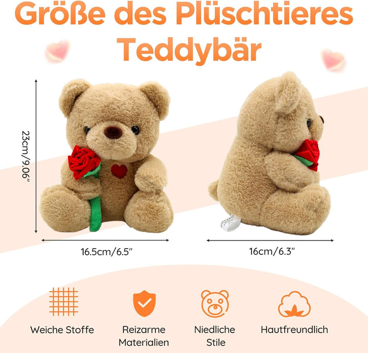 Teddybär, Teddy mit Rose 25cm, Plüsch-Bär Teddy Kuscheltier, Muttertagsgeschenke für Mama, Süsser St