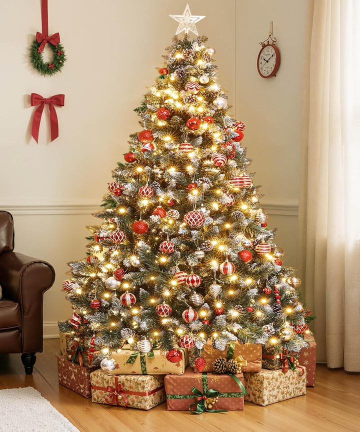 Yorbay künstlicher Weihnachtsbaum mit Beleuchtung und weissem Schnee, LED Tannenbaum für Weihnachten