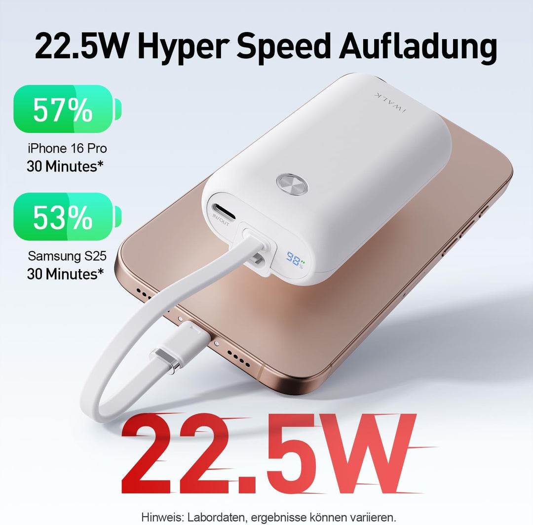 iWALK Mini Tragbares Ladegerät 10000 mAh, 22,5W USB-C Powerbank mit integriertem Kabel, Ultra-kompak