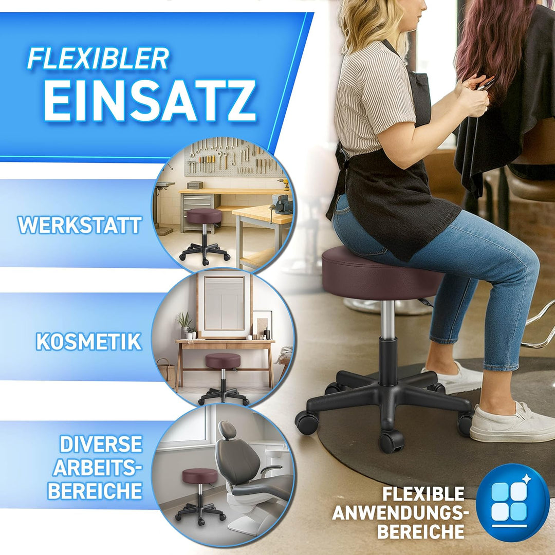 TRESKO® Rollhocker höhenverstellbar 10 cm Dicke Polsterung bis 150 kg | Hocker 47-60cm | Arbeitshock