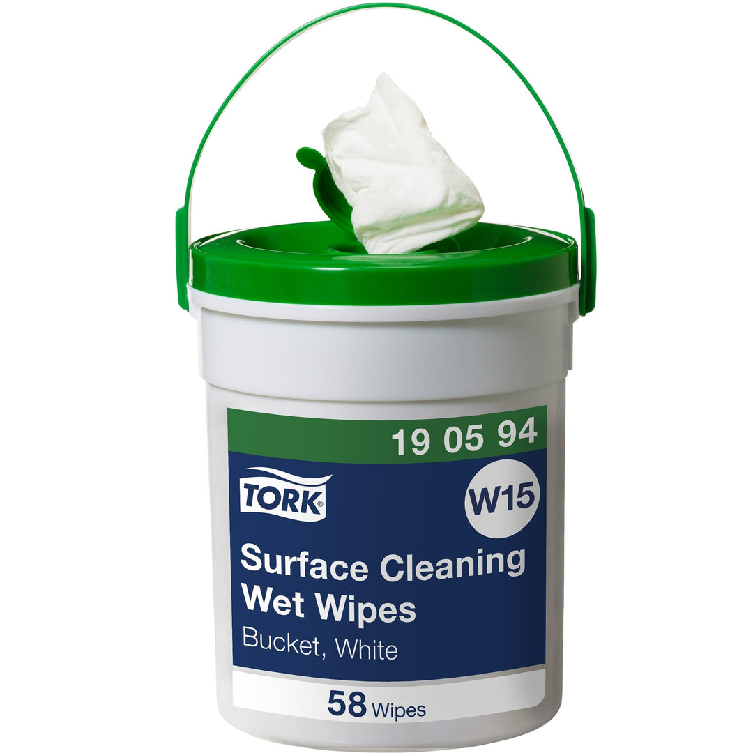 Tork Feuchte Oberflächenreinigungstücher im Spendereimer Weiss W15, Starke Struktur, 1 × 58 Tücher,