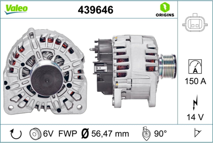 VALEO 439646 Generator Ladestrom des Generators: 150 Amp Rippen: 6 rippen Riemenscheibe Ø: 56 mm Spa