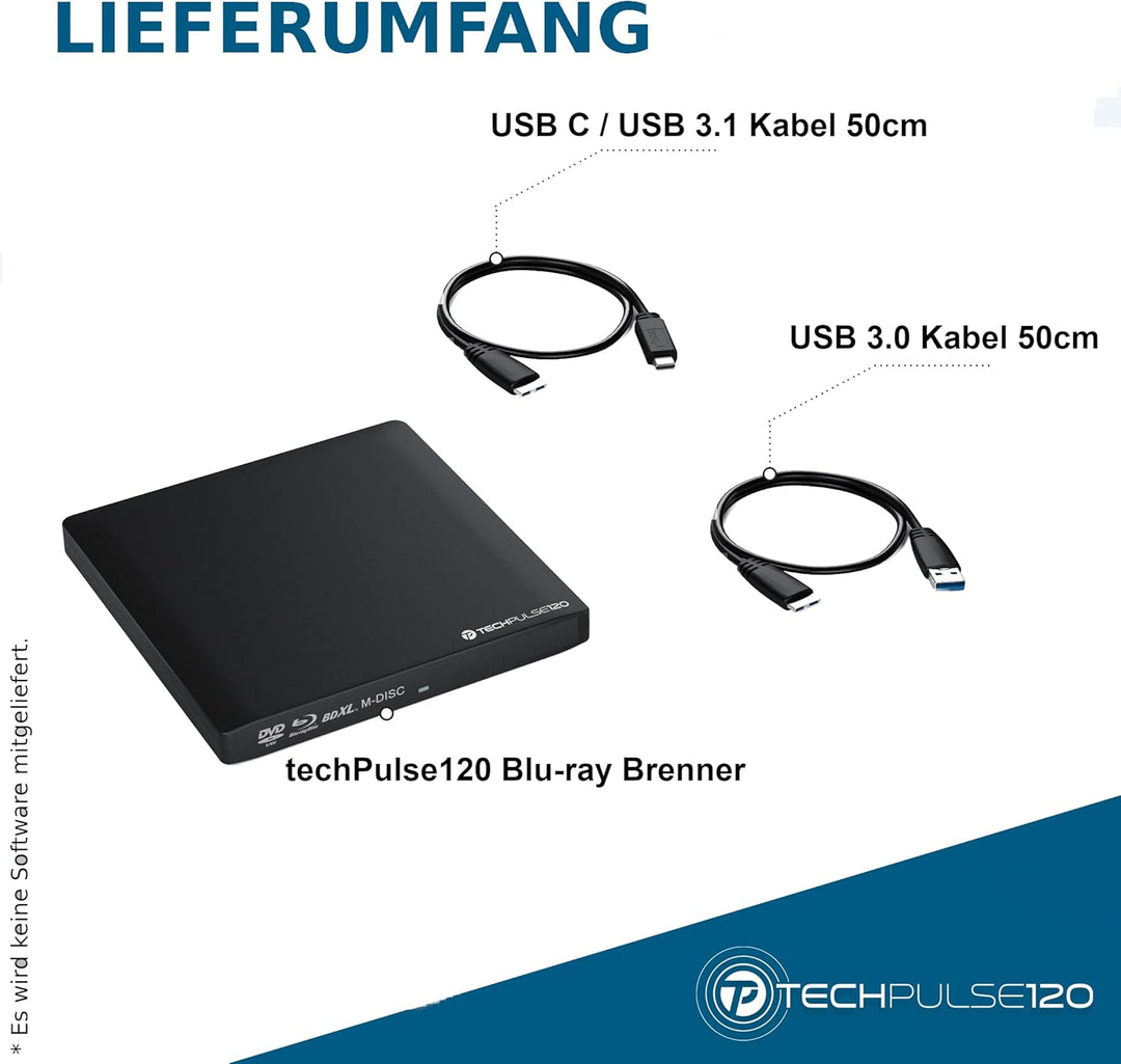 techPulse120 USB 3.0 Typ-C externer Blu-ray Brenner 3D M-Disc BDXL 100GB Burner Superdrive Blueray L