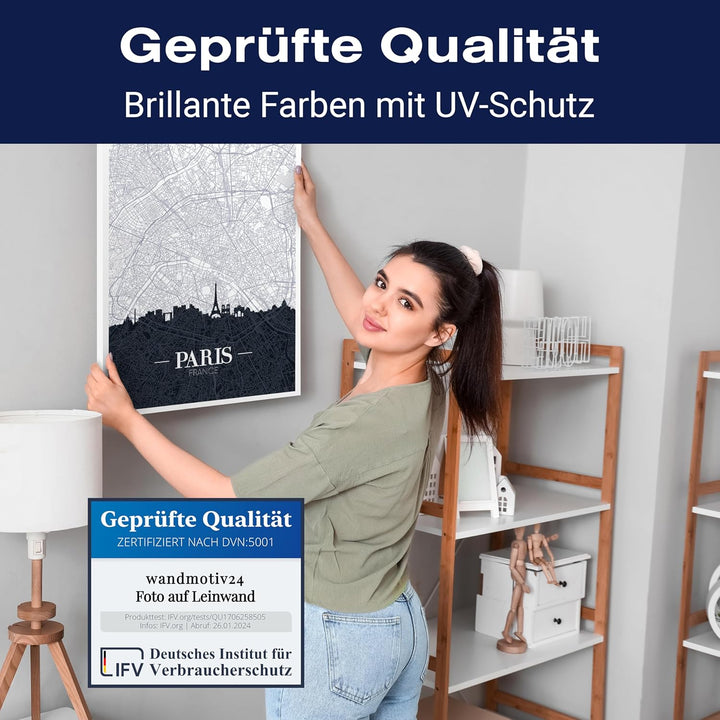 wandmotiv24 Stadt Karte als Leinwandbild, 100x75cm, Hochformat, Paris, Frankreich, Skyline, Silhouet