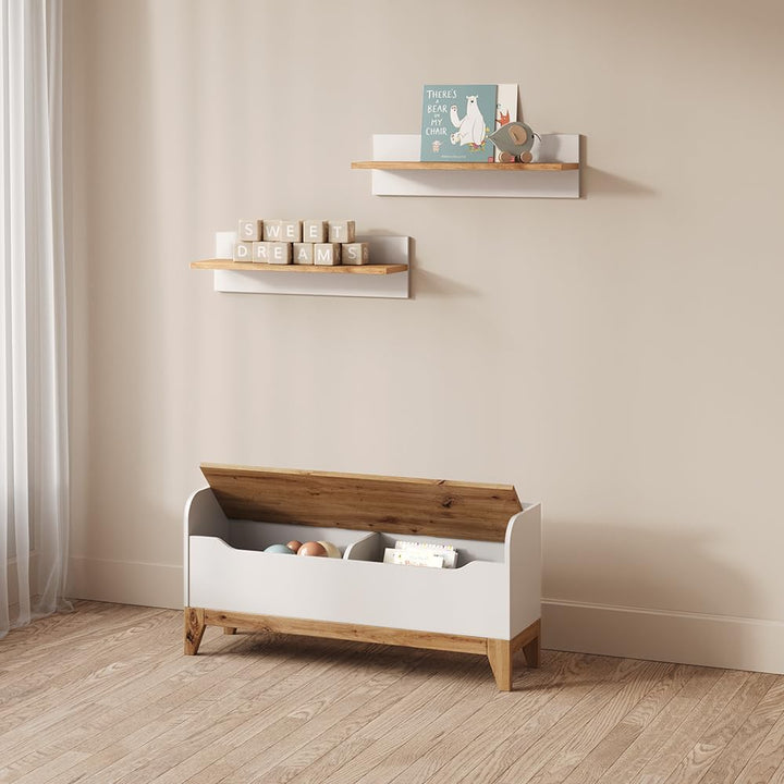 Livinity Spielzeugtruhe Mailo, Weiss/Artisan, 107.2 x 50 cm mit Sitzbank White/Artisan Oak, White/Ar