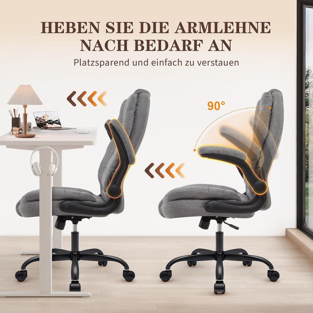IWMH Ergonomischer Bürostuhl 180KG, Schreibtischstuhl mit Hochklappbaren Armlehnen, Chefsessel Stoff