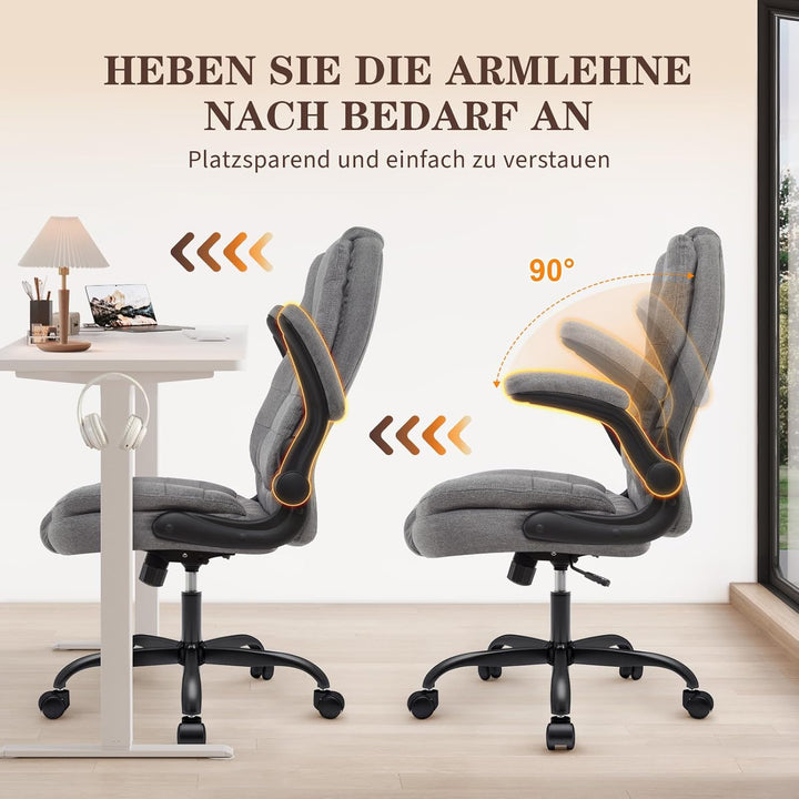IWMH Ergonomischer Bürostuhl 180KG, Schreibtischstuhl mit Hochklappbaren Armlehnen, Chefsessel Stoff