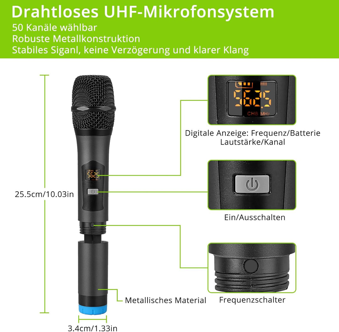 LiNKFOR 4 x UHF Mikrofon drahtloses UHF 4 Kanal Mikrofonsystem mit 4 drahtlosen Handmikrofonen, 50 *