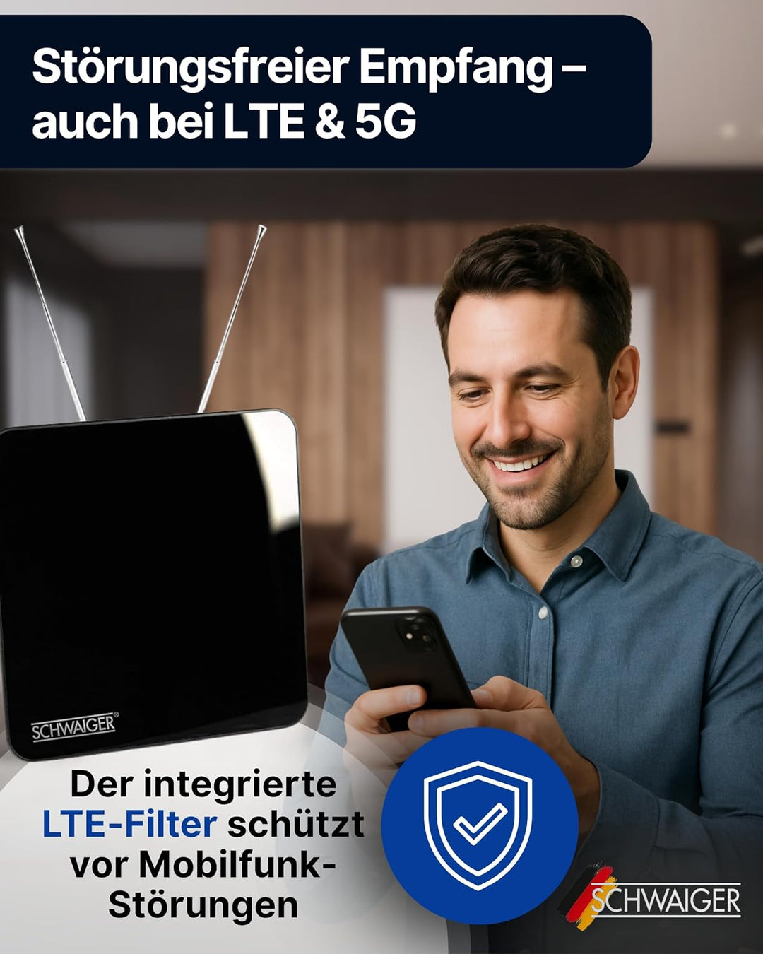 SCHWAIGER 720372 DVB-T2 Zimmerantenne aktiv mit Verstärker DAB+ DVB-T Antenne Fernsehen LTE-Sperrfil