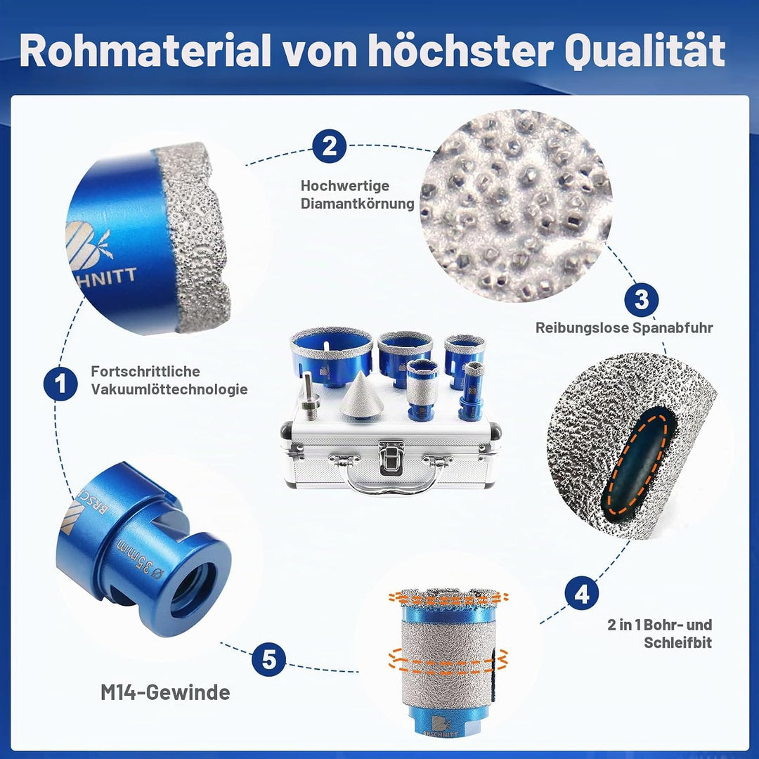 Diamantbohrer Fliesenbohrer Set - 20/35/50/68/100mm Diamantbohrer &amp; 50mm Diamant-Fasenbohrer ein Ada