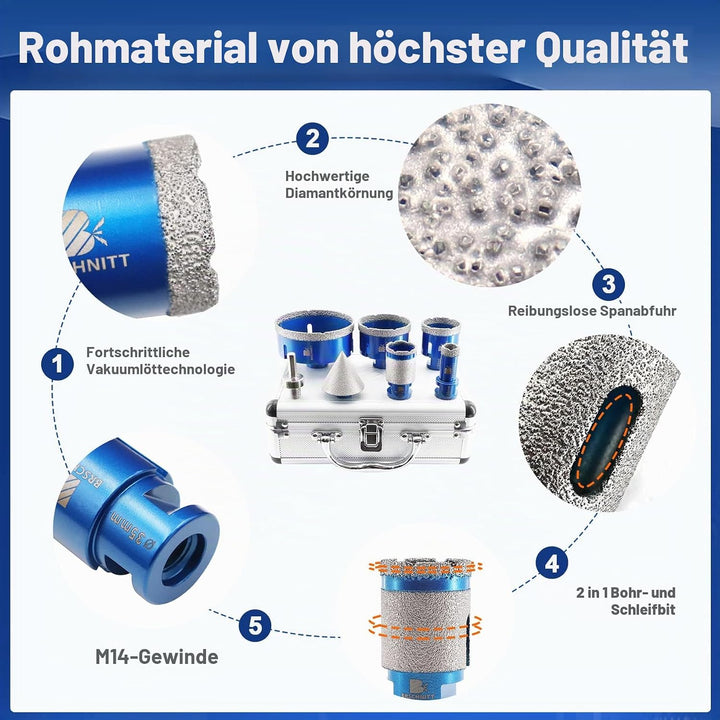 Diamantbohrer Fliesenbohrer Set - 20/35/50/68/100mm Diamantbohrer &amp; 50mm Diamant-Fasenbohrer ein Ada