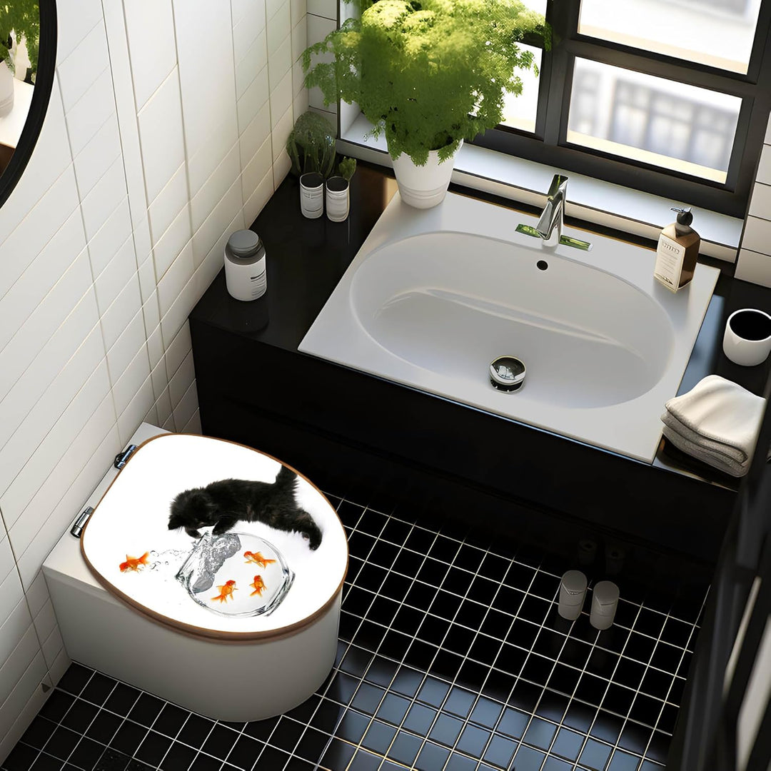 banjado® Design WC Sitz Bambus Absenkautomatik mit Motiv Katze Und Fisch/Toilettendeckel mit Absenka