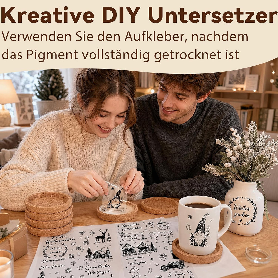12Stück Korkuntersetzer Rund mit Rand Untersetzer Kork Weihnachtsaufklebern