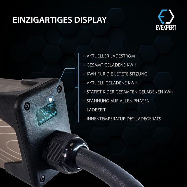 Eveline Max II Smart tragbares Ladegerät Typ2 - CEE 5-pin (RCD FI A-EV) | 16-32A | 3-phasig | 5-8M +