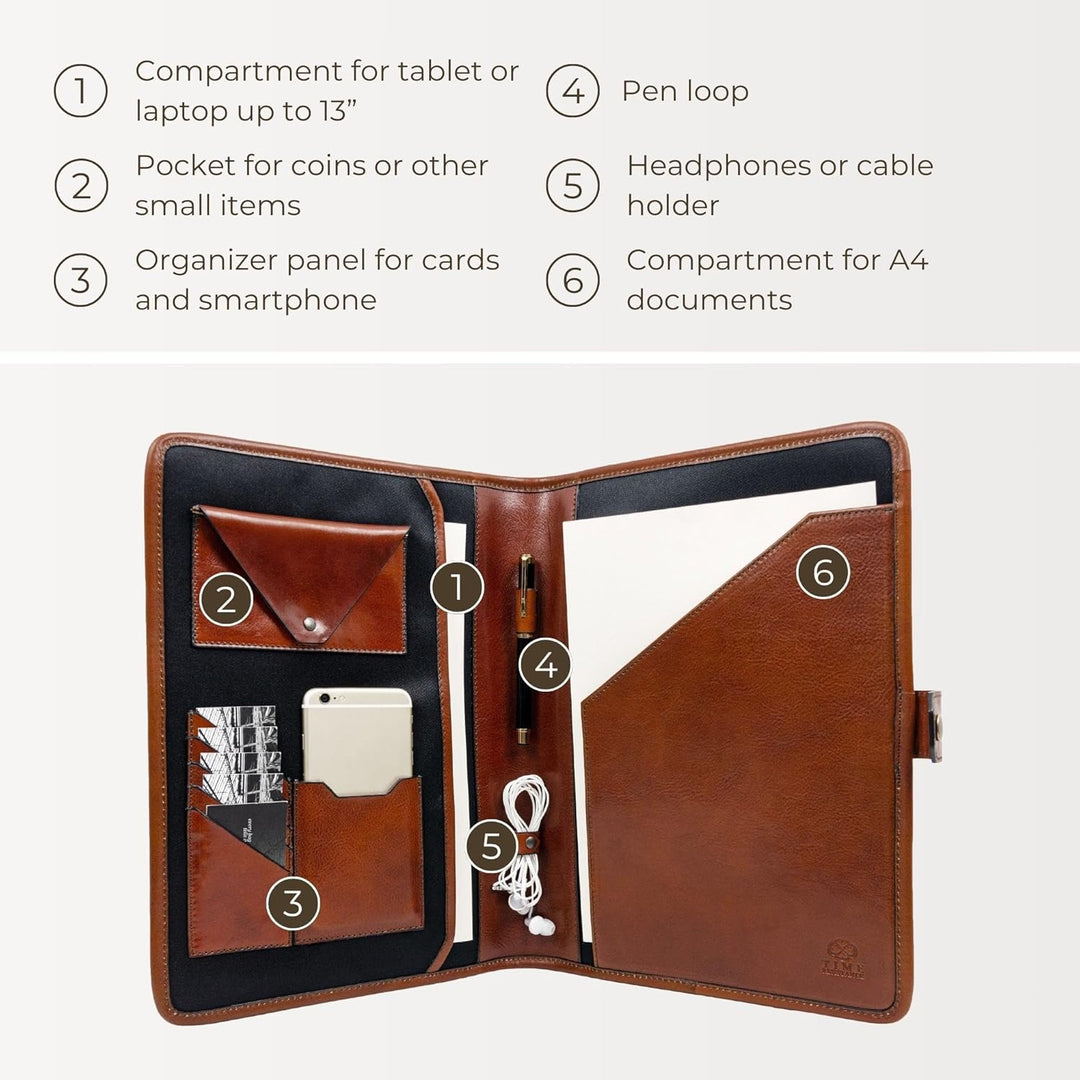 Time Resistance Leder-Organizer-Portfolio – 13 Zoll-Laptoptasche – Dokumentenmappe aus Vollnarbenled