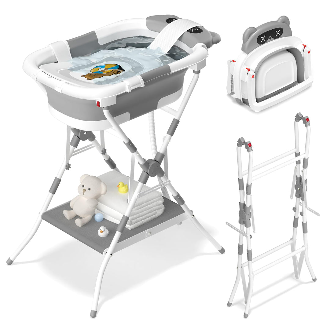 COOSEYA Baby Badewanne mit Gestell für 0-18 Monate, Faltbare Babybadewanne mit Stützpolster und Temp