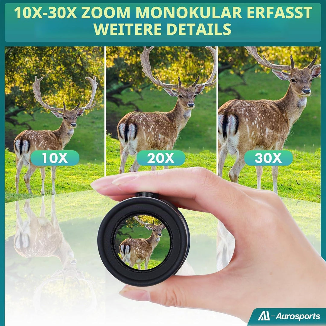 Aurosports 10-30x40 Zoom Monokular Teleskop Erwachsene, Bak4 Prisma Dual Fokus Fernrohr Kompakt Mono