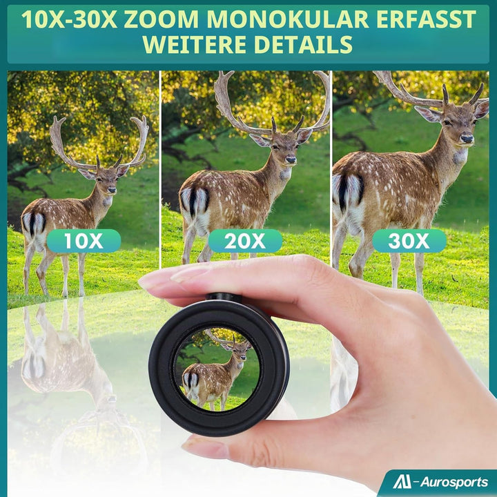 Aurosports 10-30x40 Zoom Monokular Teleskop Erwachsene, Bak4 Prisma Dual Fokus Fernrohr Kompakt Mono