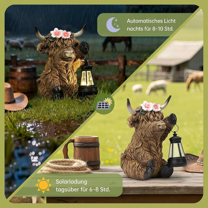 Highland Cow Kuh Figuren mit Blumen Solar Deko für Gartendeko &amp; Wohnzimmer - Solar-Laterne, Bernstei