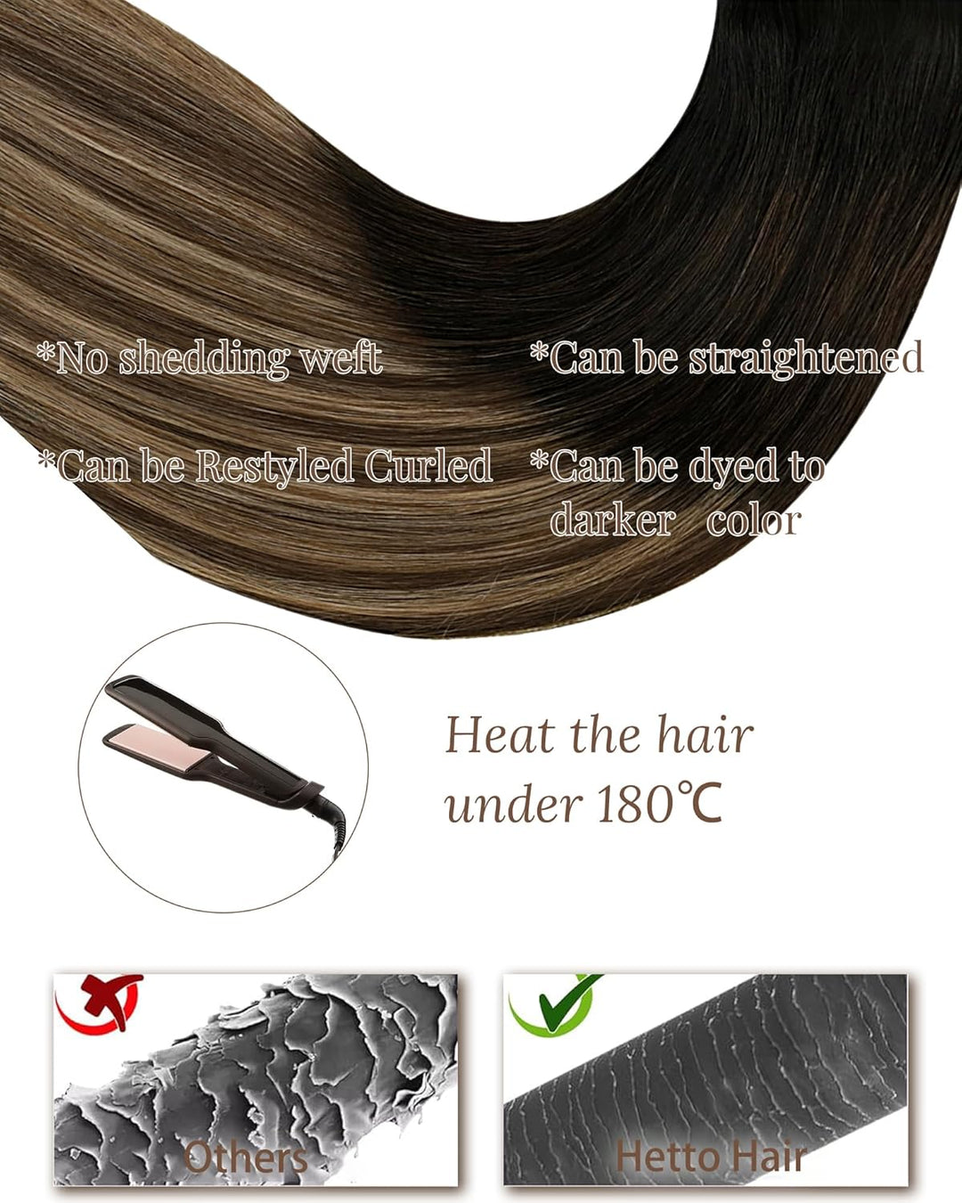 Hetto Tressen Extensions Echthaar Balayage Schwarz to Dunkel Braun and Licht Blond Weft Extensions E
