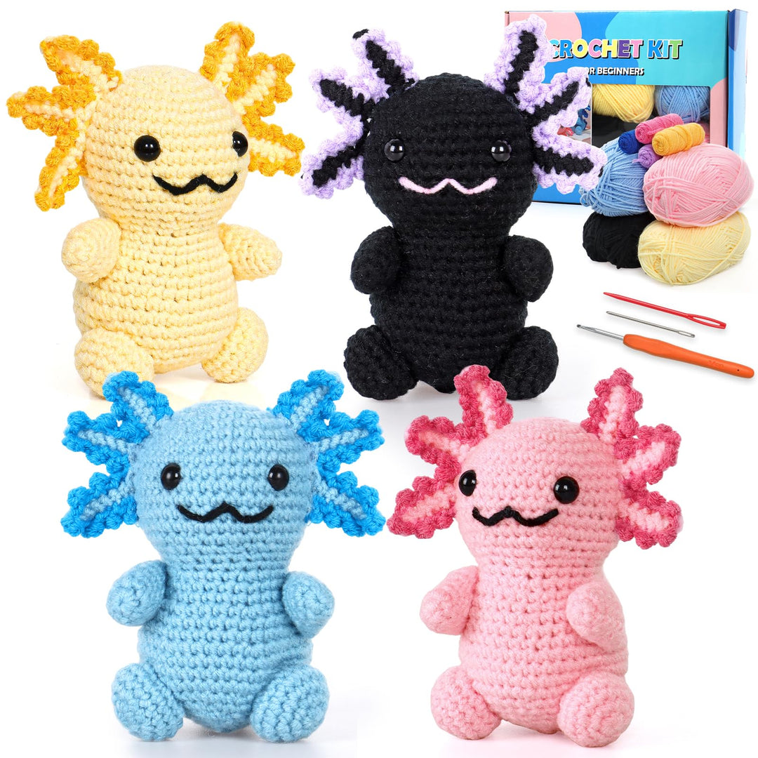 Weldomcor Häkelset für Anfänger, 4 Stück Axolotl Tiere Häkelset Häckeln Stricken für Anfänger Set mi