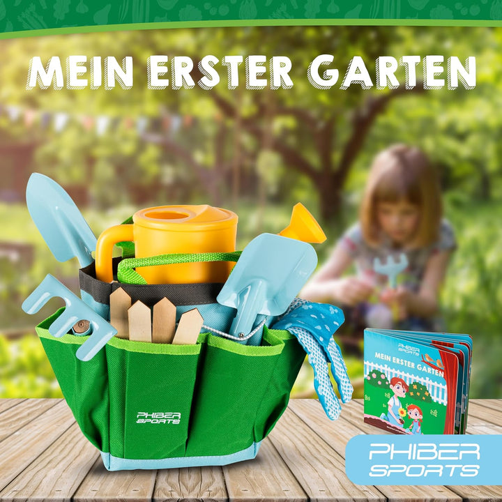 PHIBER-SPORTS Kinder Gartenwerkzeug Set (11 Teile) mit Kindergartenbuch - Gartengeräte für Kinder ab