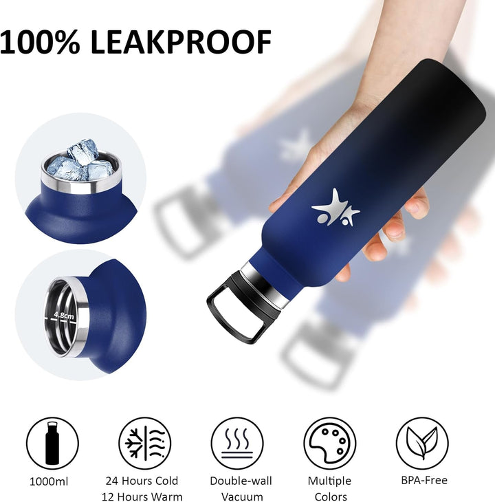 Thermosflasche, Trinkflasche 750ml, BPA-Frei, Wasserflasche mit Strohhalm, Isolierflasche Doppelwand