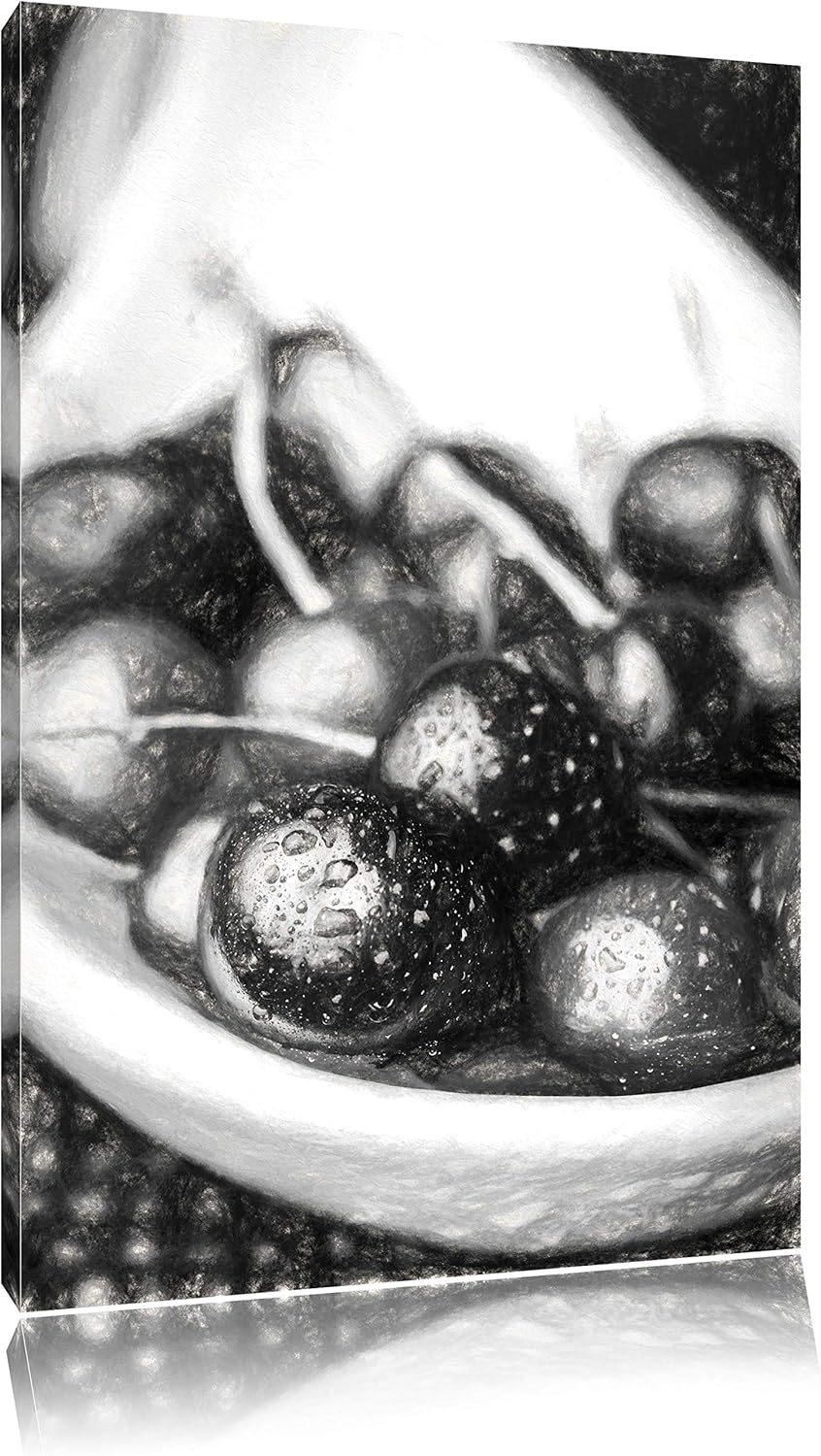 Pixxprint Frische Kirschen in Schlüssel Kohle Zeichnung Effekt, Format: 100x70 auf Leinwand, XXL rie