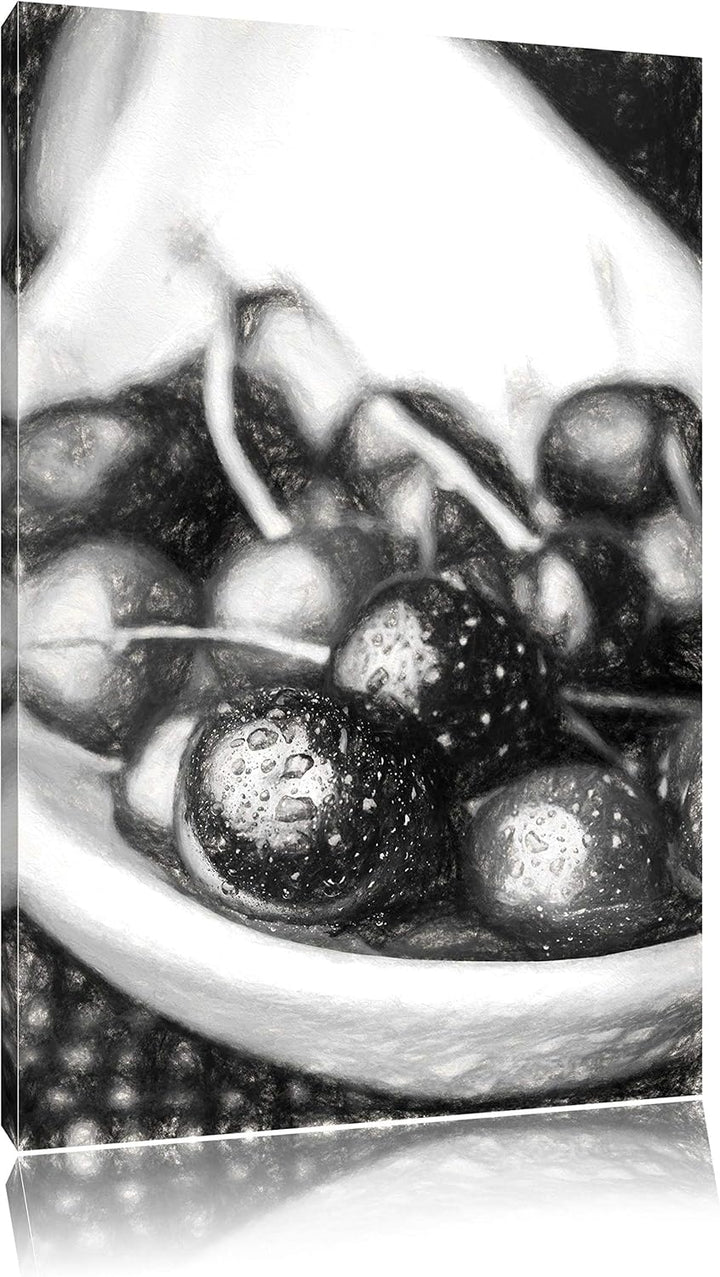 Pixxprint Frische Kirschen in Schlüssel Kohle Zeichnung Effekt, Format: 100x70 auf Leinwand, XXL rie