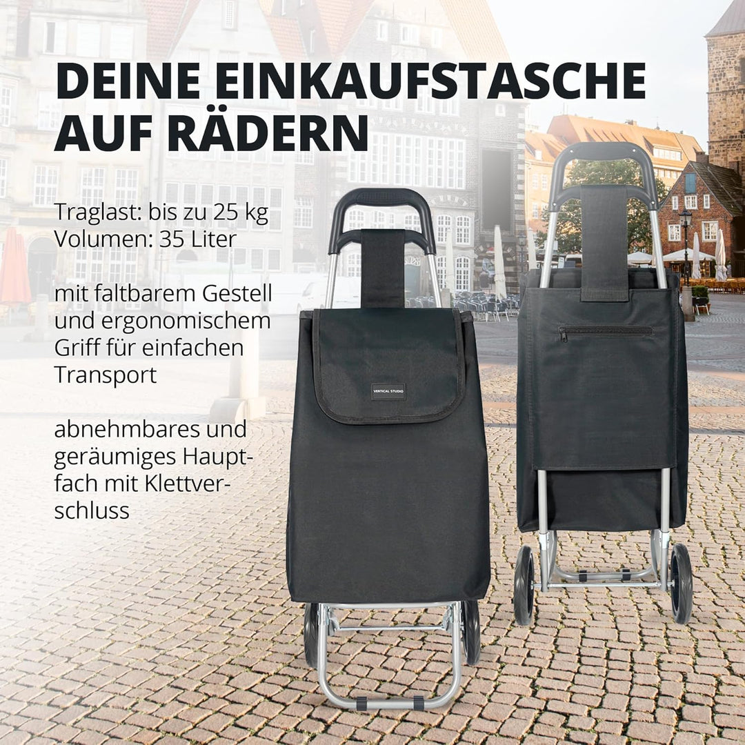 Einkaufstrolley 35 L – Klappbar, leicht & robust, mit Alugestell, Reissverschlusstasche & Klettversc