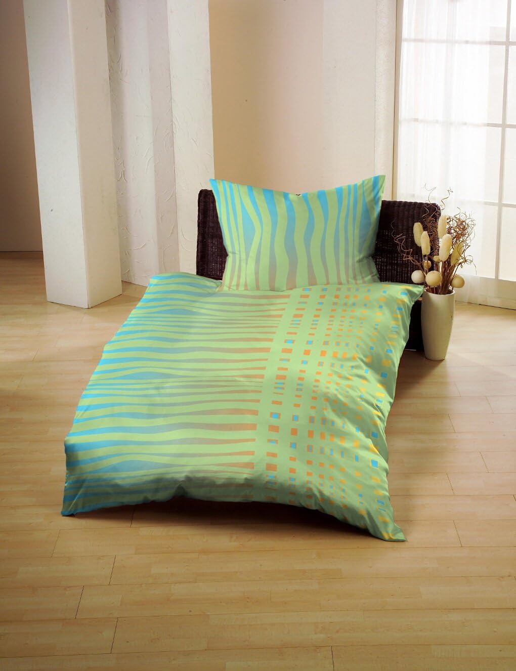 Bettwäsche 140x200 cm + 70x90 cm, Mikrofaser, Zebra-Streifen Grün Türkis Orange, 140x200 cm