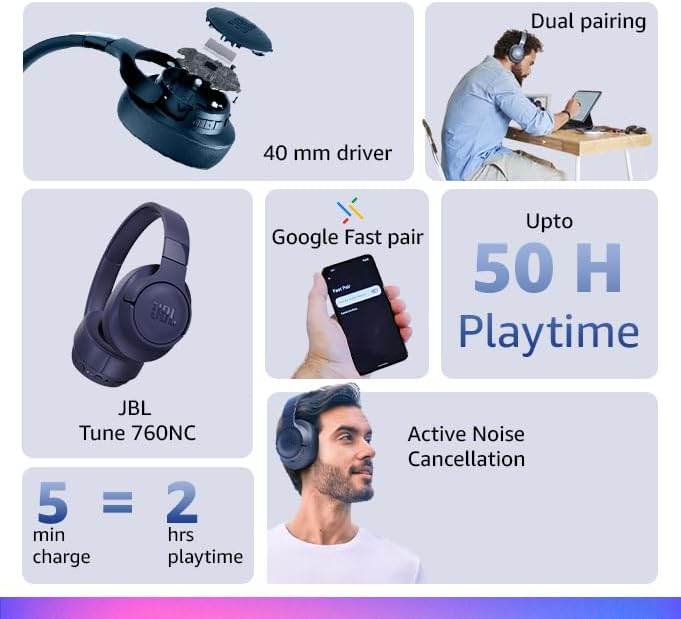 JBL Tune 760 NC – Bluetooth Over-Ear Kopfhörer in Blau mit aktivem Noise-Cancelling – Kabellose Ohrh