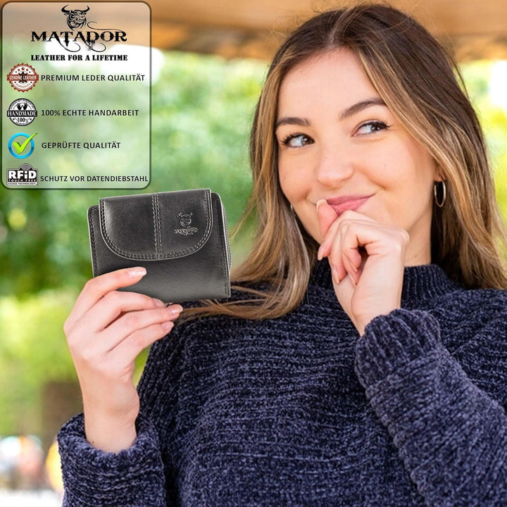 MATADOR Echt Leder Damen Geldbörse TüV Geprüfter RFID/NFC Schutz Brieftasche Frauen Kompakt Grösse P