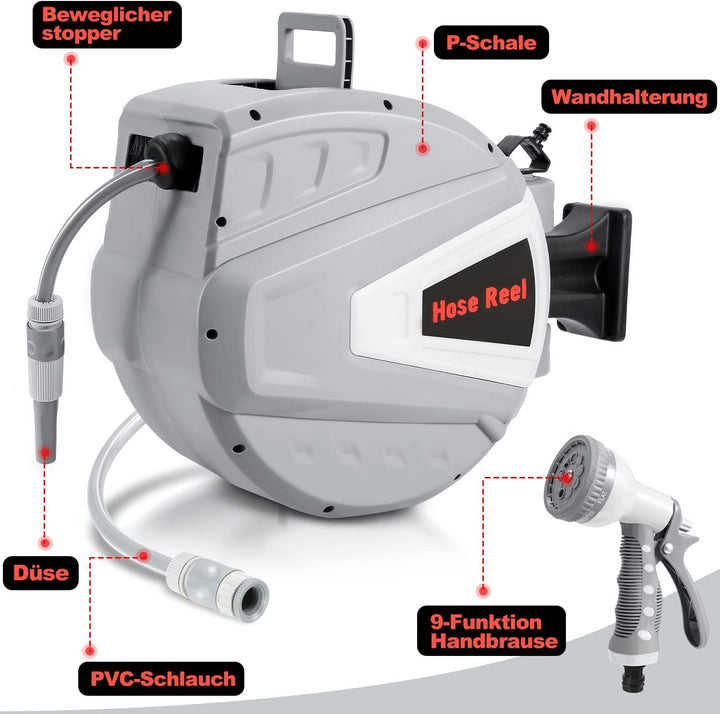 Schlauchtrommel Schlauchbox, 20+2m Automatik Schlauchaufroller, Wand-Schlauchbox mit Handbrause Gart