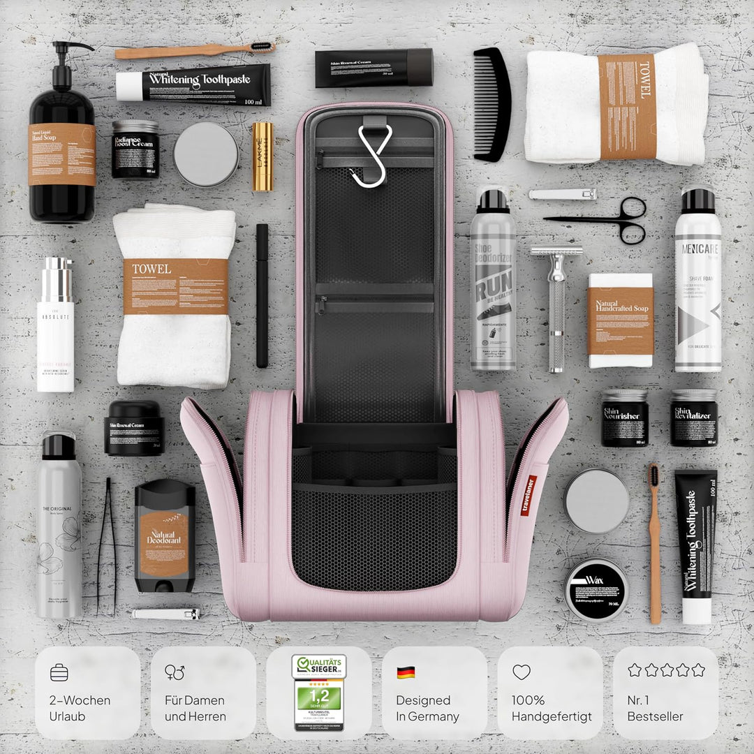 Travelaner Kulturbeutel zum Aufhängen, Damen/Herren, 7L, Rosa | Grosse Kulturtasche mit Haken: Kosme