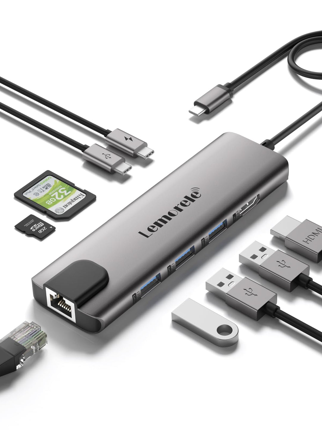 Docking Station USB C, Lemorele USB C Hub 9 in 1 Aluminiumgehäuse mit 1 Gbps Ethernet, 4K HDMI, 100W